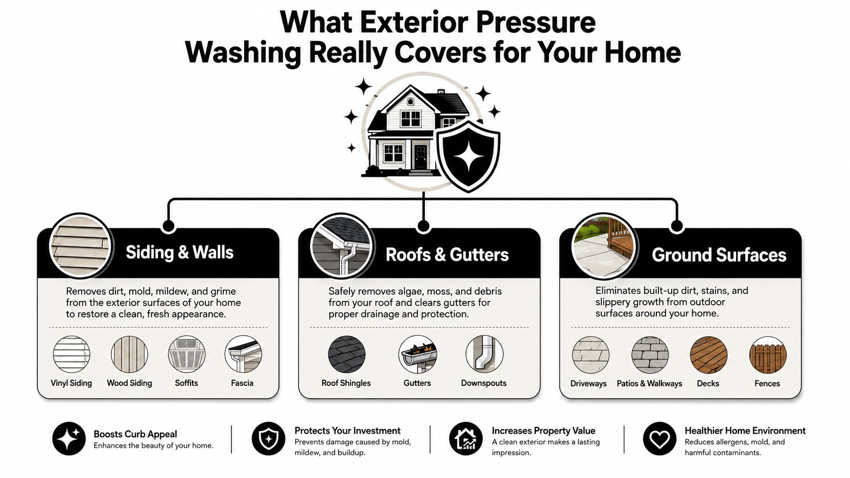 An infographic detailing the benefits of exterior pressure washing for home maintenance, surfaces, and property value.
