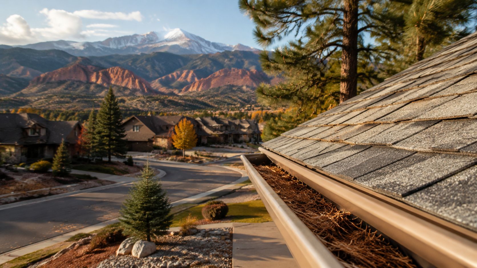 A close up view of a residential roof gutter filled with pine needles needing gutter guard installation.