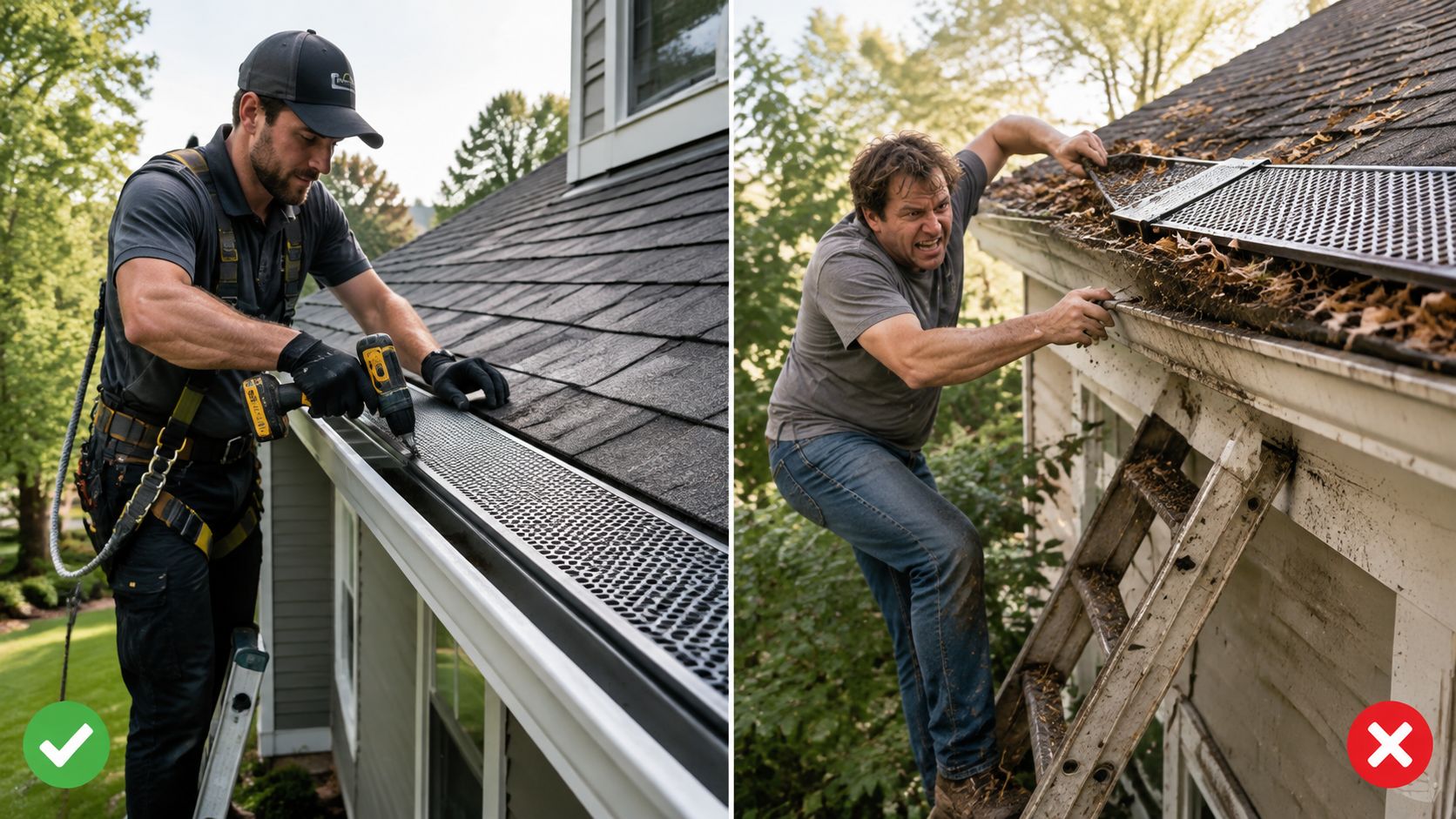 A professional technician safely installing gutter guards compared to an unsafe individual cleaning gutters by hand.