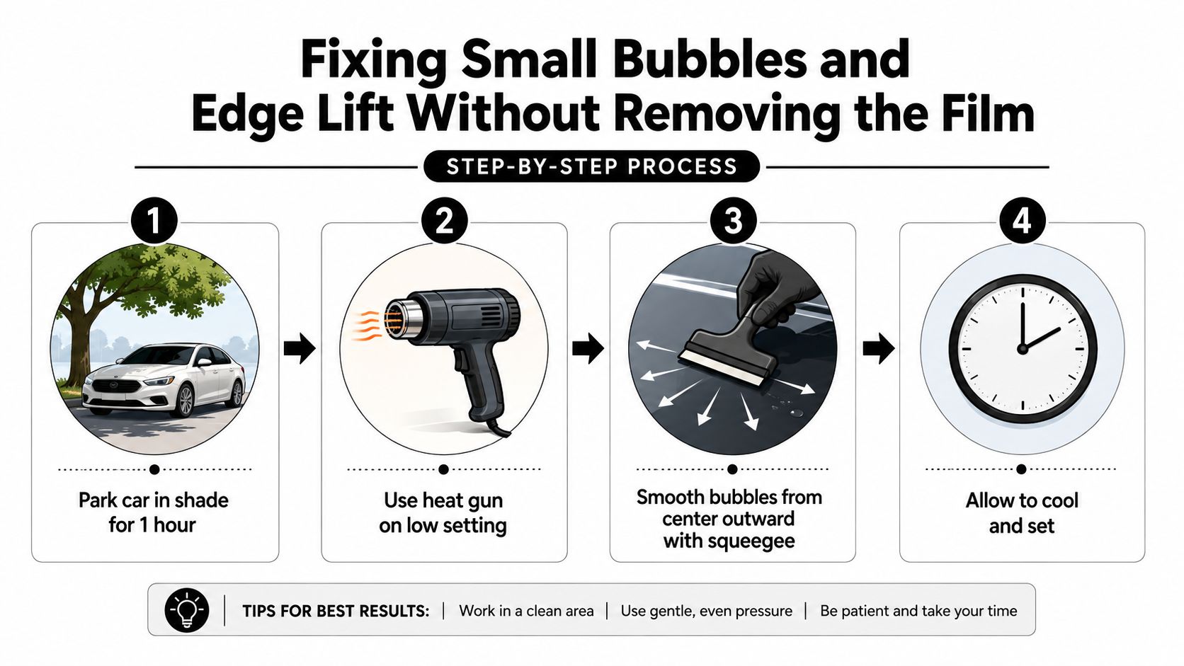 A four-step instructional infographic showing how to fix small bubbles and edge lift on window tint film.