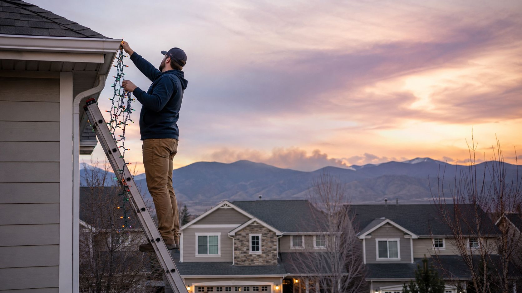 A man on a ladder hanging decorative holiday lights on the edge of his house roof at sunset.