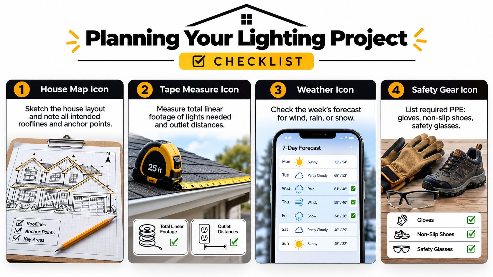 An infographic detailing a four-step checklist for planning a home holiday or decorative lighting installation project.