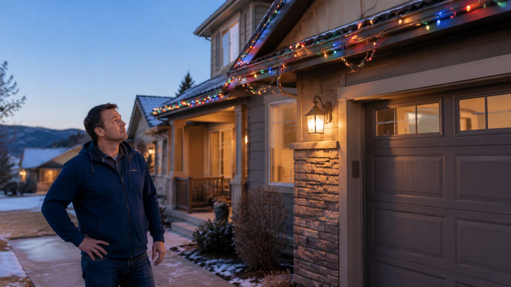 A man looking up at colorful Christmas lights professionally installed along the roofline of his home.