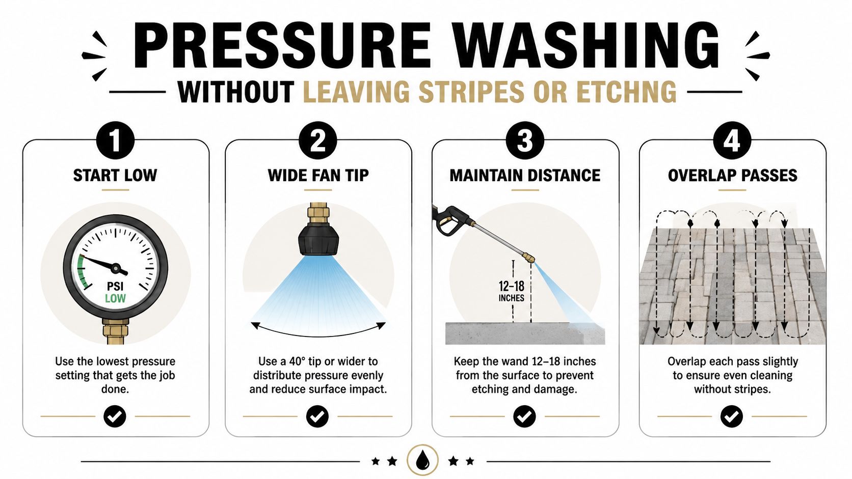 An instructional infographic demonstrating four key steps for pressure washing surfaces safely without causing damage or stripes.