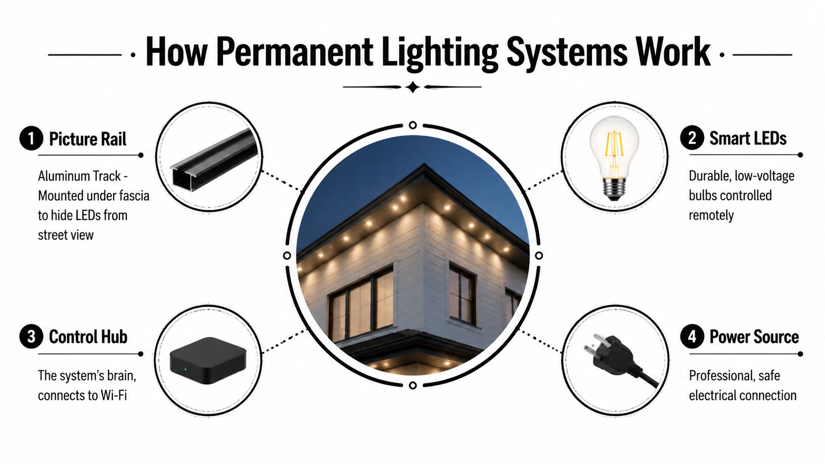 An infographic detailing the four key components of a permanent home lighting system installation process.