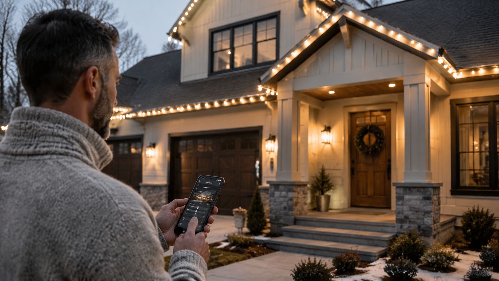 A man uses a smartphone app to control permanent holiday lighting installed on his modern suburban home.
