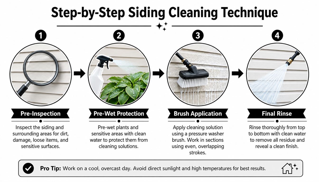 A four-step infographic illustrating the proper technique for cleaning house siding using a pressure washer brush.