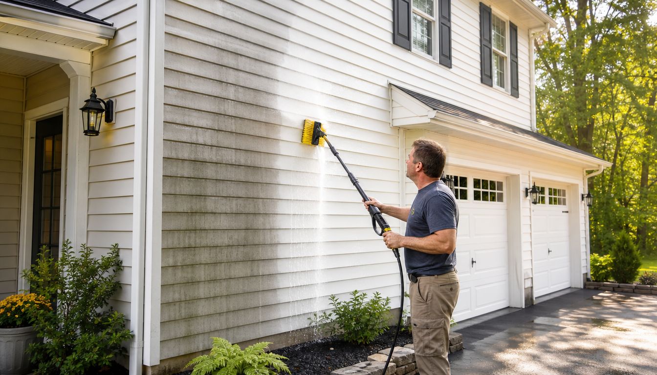 A man uses a pressure washer with a yellow brush to clean dirty siding on a house.