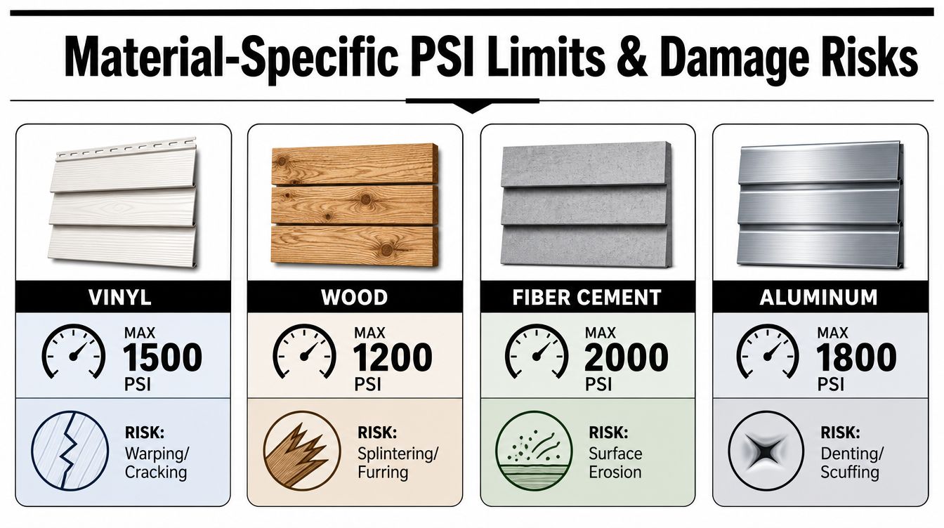 A chart detailing the maximum PSI limits and associated damage risks for vinyl, wood, fiber cement, and aluminum siding.