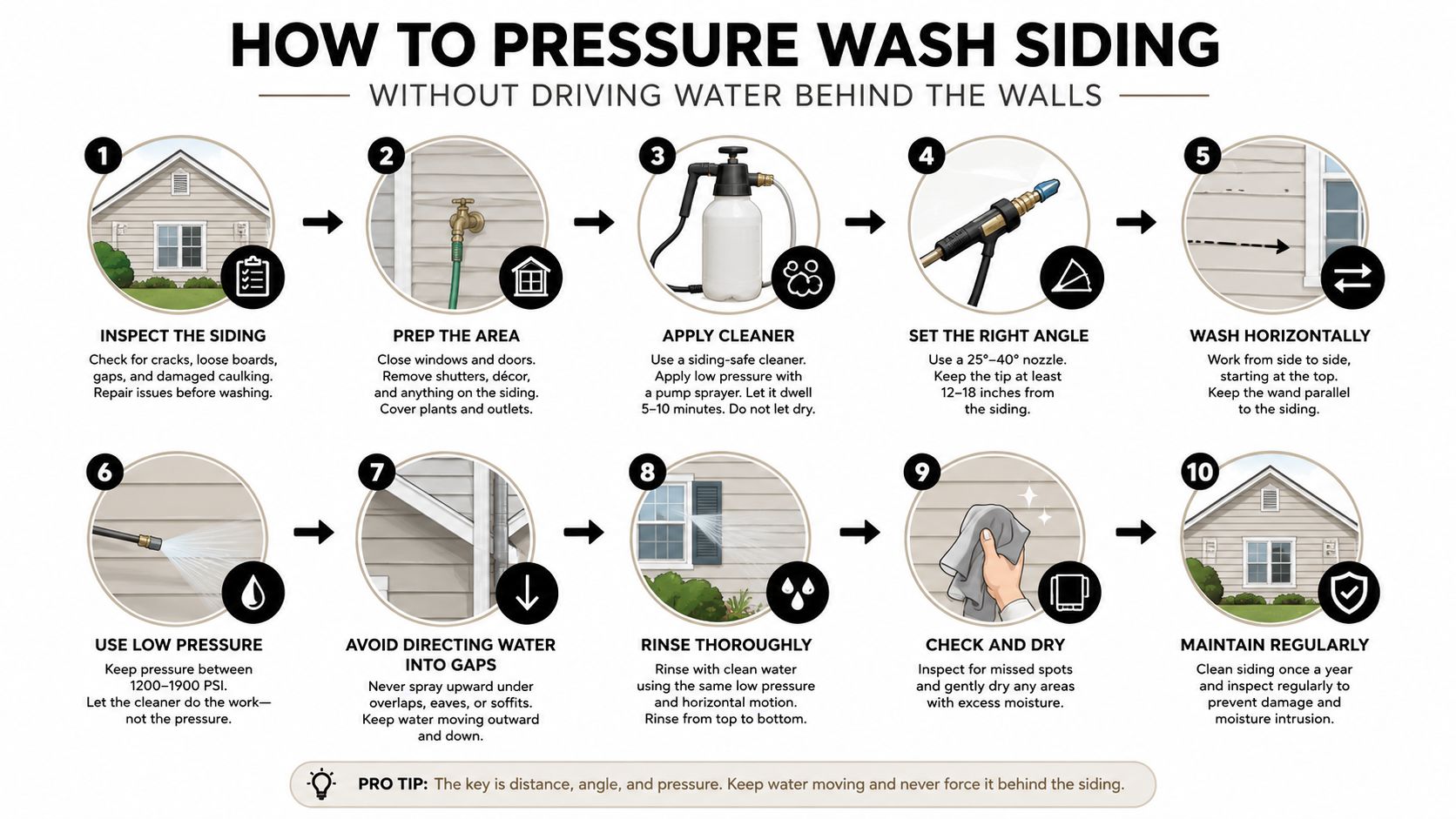 A ten-step instructional infographic showing how to safely pressure wash residential siding to avoid water damage.