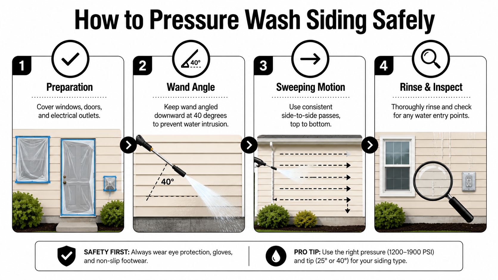 A step-by-step infographic illustrating how to safely pressure wash residential siding using proper techniques and safety gear.
