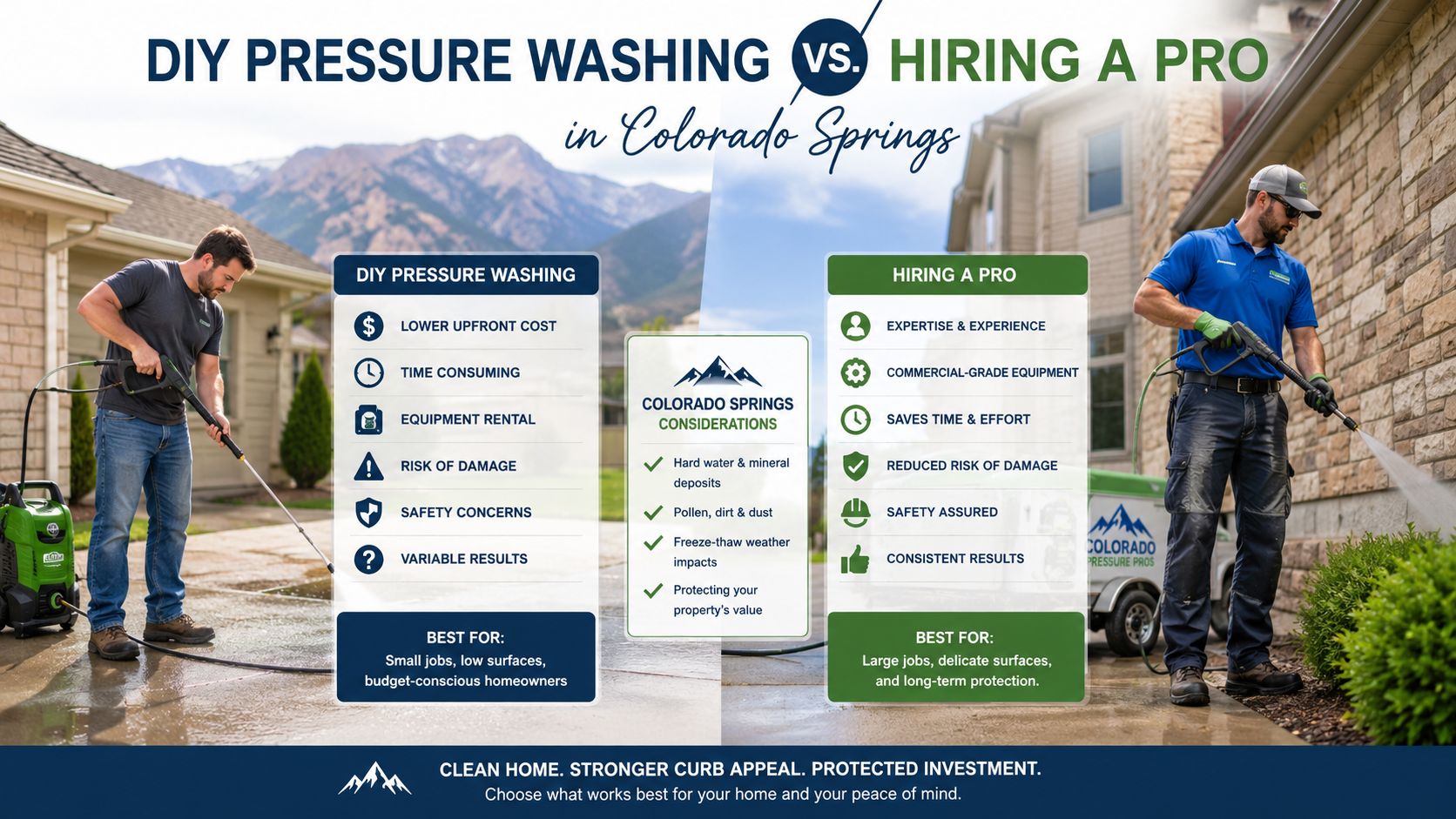 A side-by-side comparison infographic for DIY pressure washing versus hiring a professional in Colorado Springs.