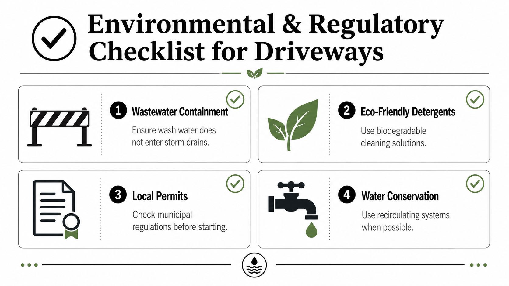 An infographic detailing environmental and regulatory guidelines for professional pressure washing services on residential driveways.