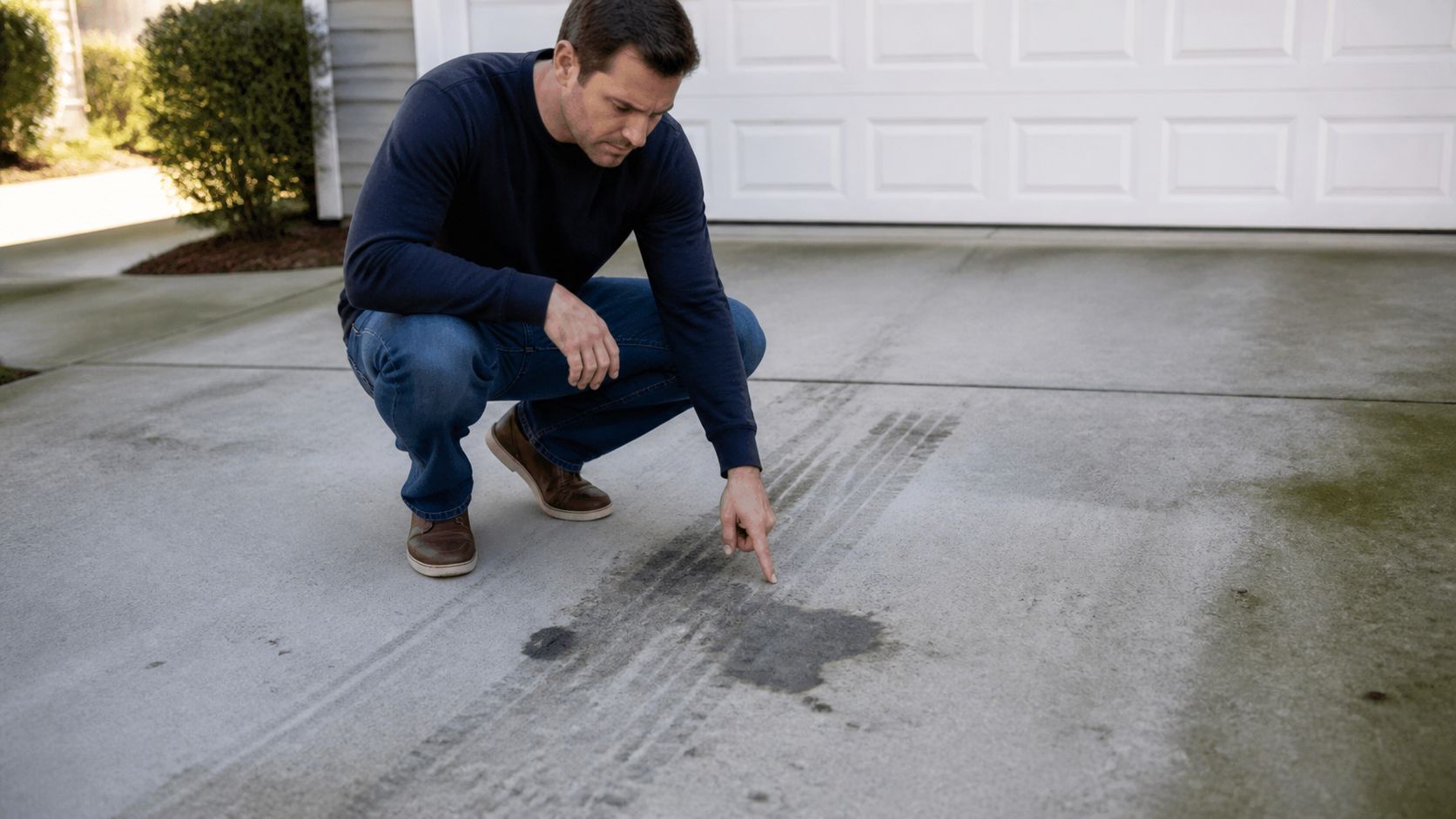 A man crouching on a driveway pointing at a tire mark and oil stain on the concrete.