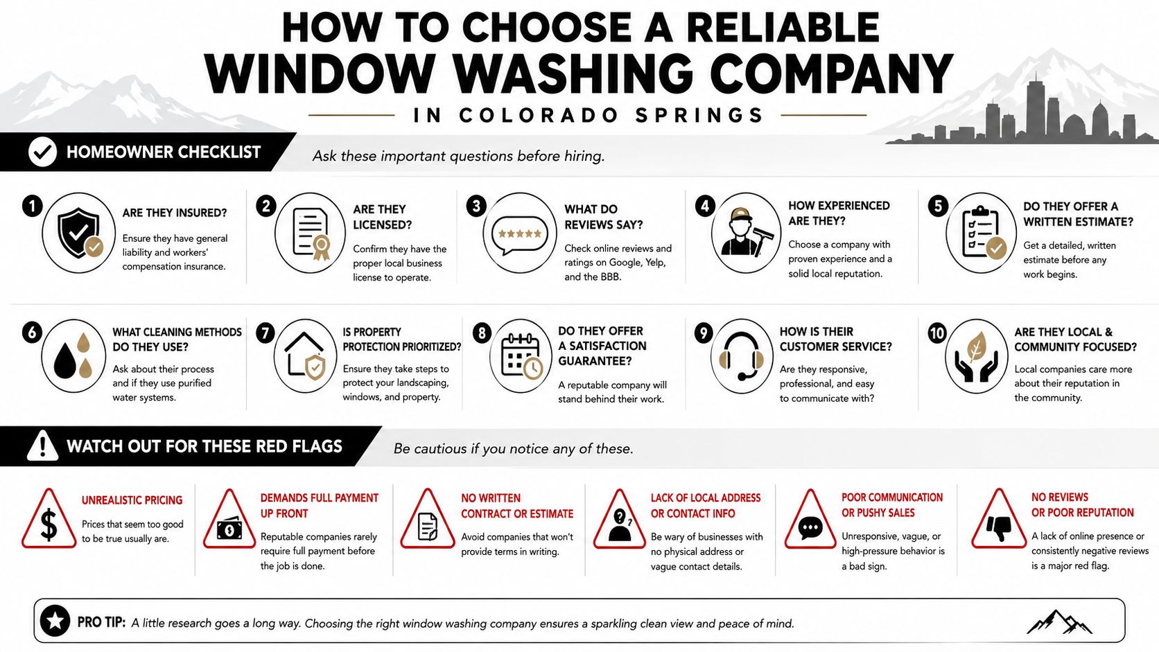 An infographic titled How to Choose a Reliable Window Washing Company featuring a ten-point checklist and red flags.