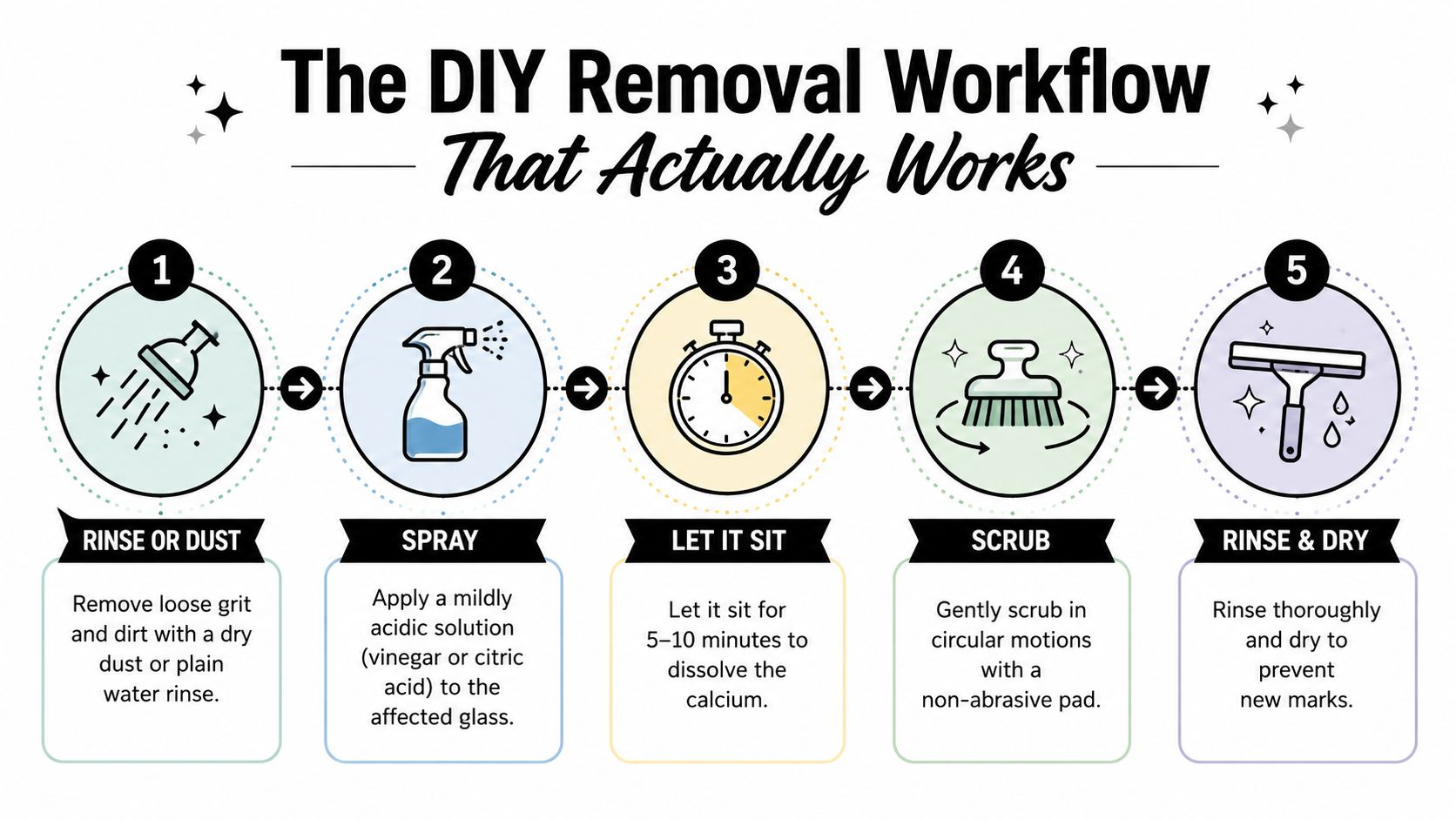 A five-step infographic showing the DIY workflow for removing calcium deposits from glass surfaces effectively.