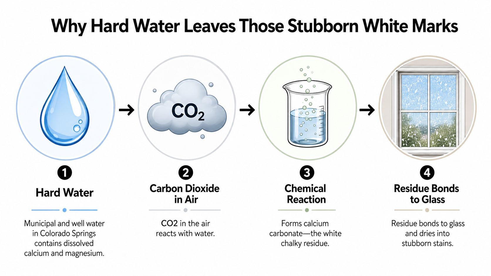 A four-step infographic explaining how hard water causes stubborn white mineral deposits to form on glass.