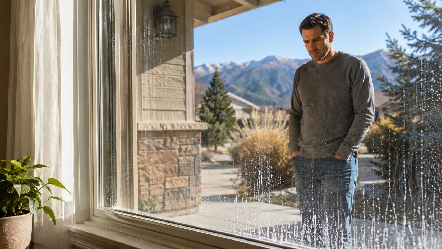 A man looking at a window glass surface with visible hard water or calcium deposit stains.