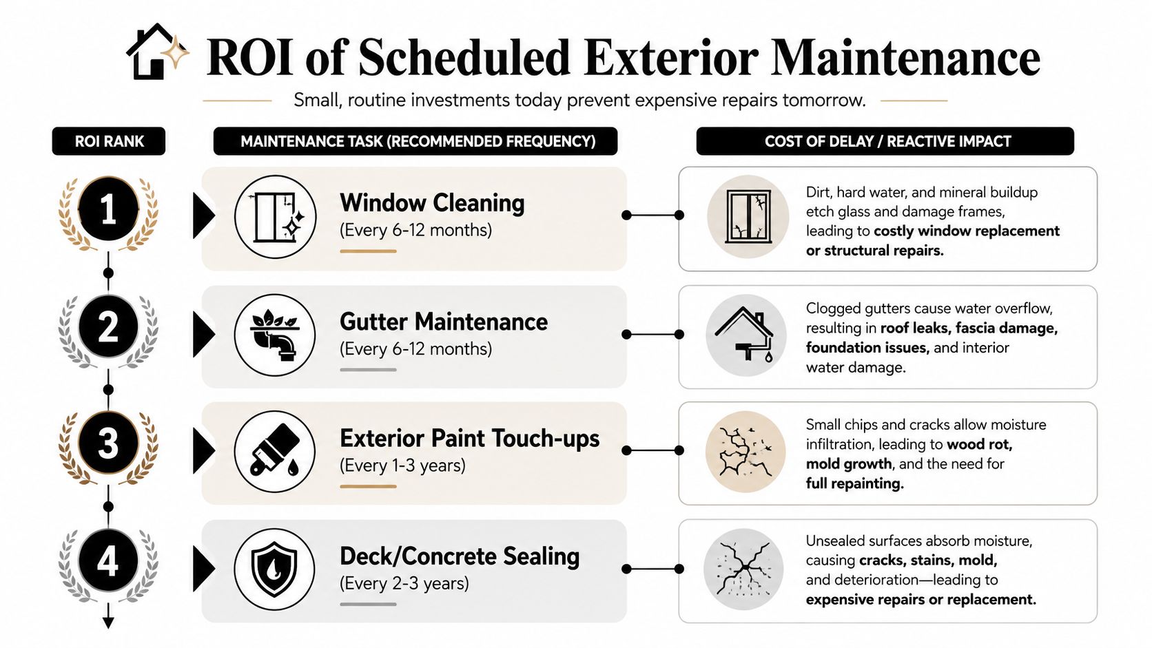 A visual guide illustrating the top four essential home maintenance tasks and the negative impacts of delaying them.