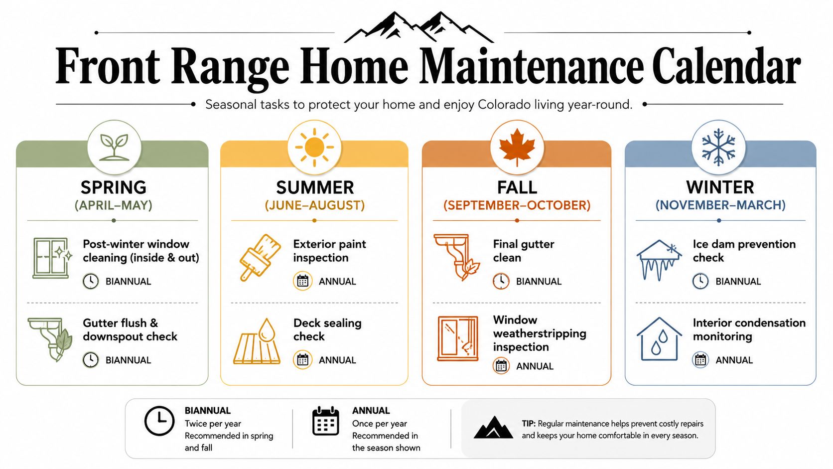 An infographic titled Front Range Home Maintenance Calendar outlining seasonal home care tasks for each time of year.