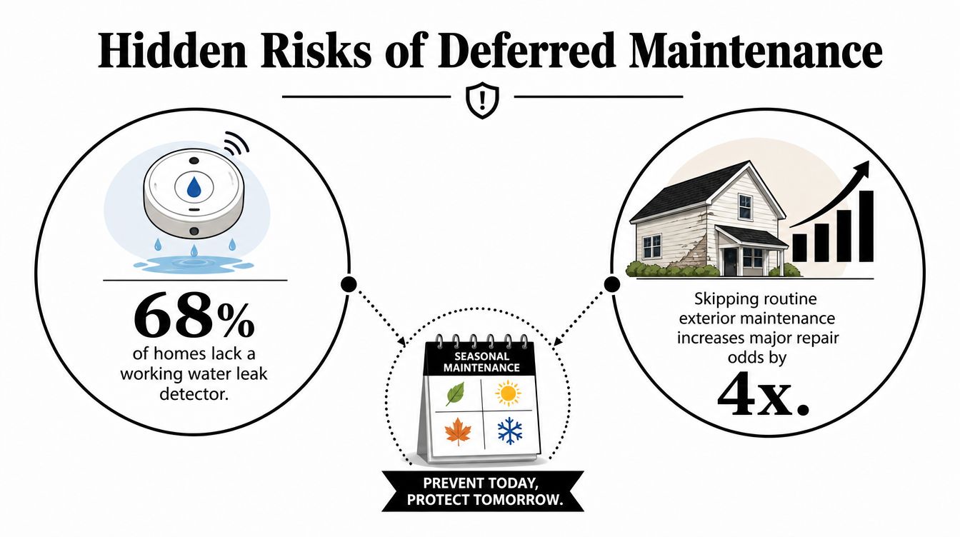 An infographic showing hidden risks of deferred home maintenance including leak detection statistics and exterior repair costs.
