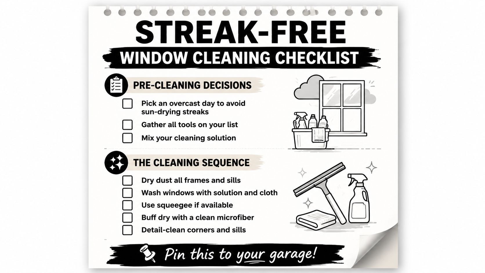 A checklist infographic titled Streak-Free Window Cleaning Checklist detailing pre-cleaning preparations and the window cleaning sequence.