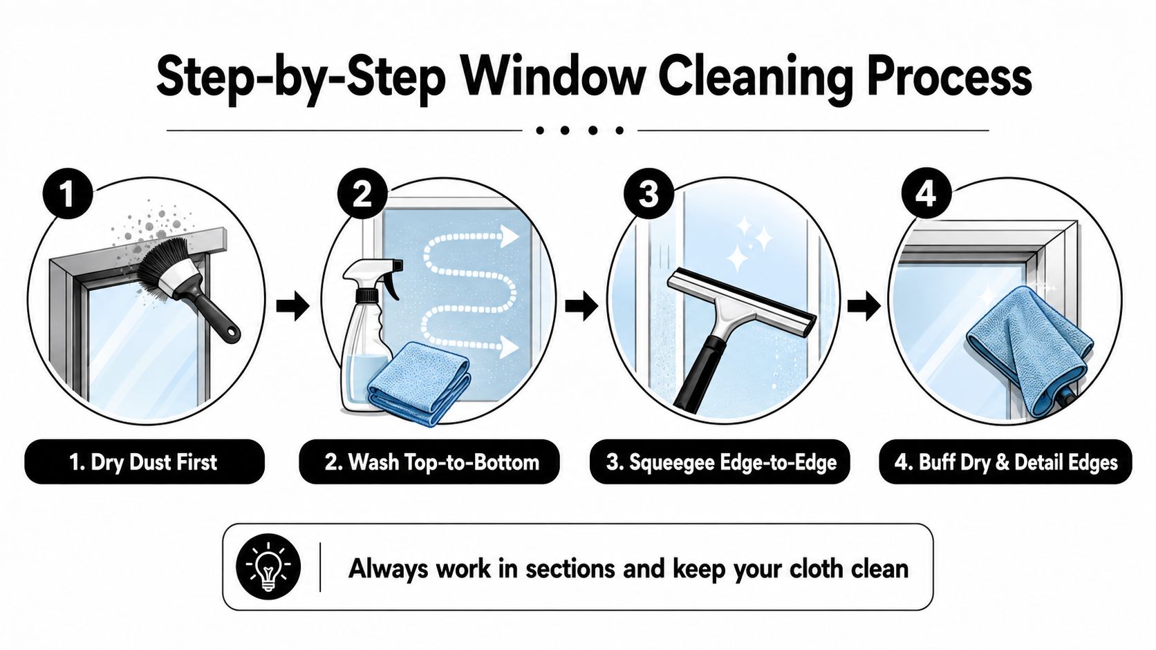 A four-step infographic illustrating the professional window cleaning process from dusting to the final buffing.