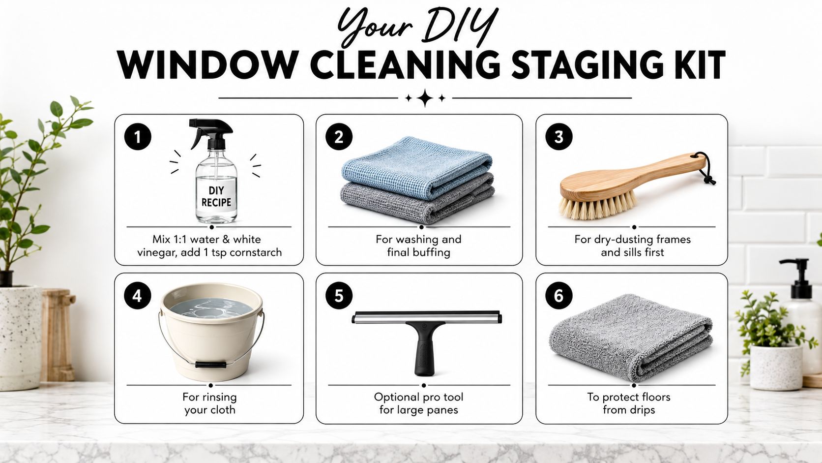 A DIY window cleaning staging kit infographic displaying six essential tools and a homemade cleaning solution recipe.