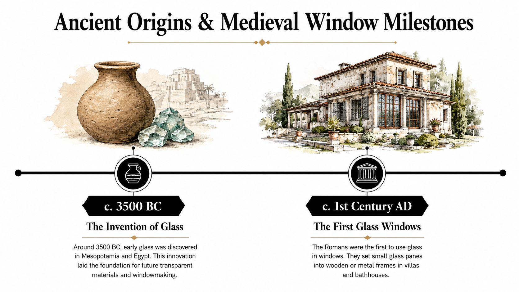 A timeline illustration showing the ancient invention of glass and the development of the first Roman glass windows.