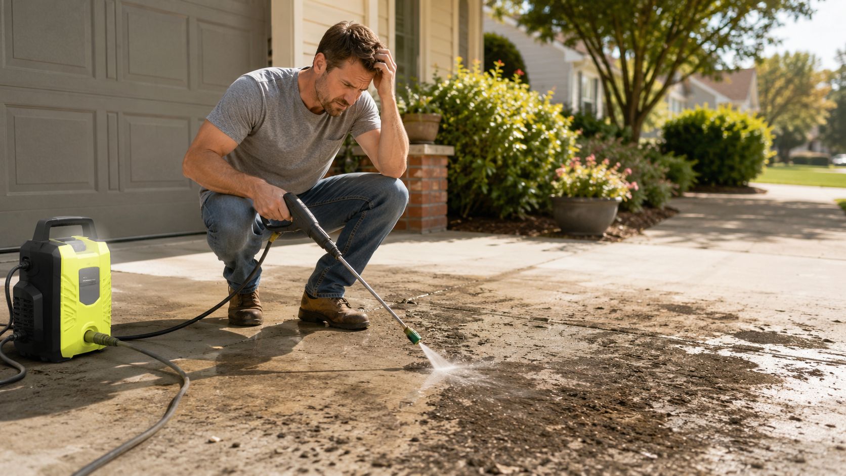 A frustrated man crouching on a dirty concrete driveway while using an electric pressure washer for cleaning.