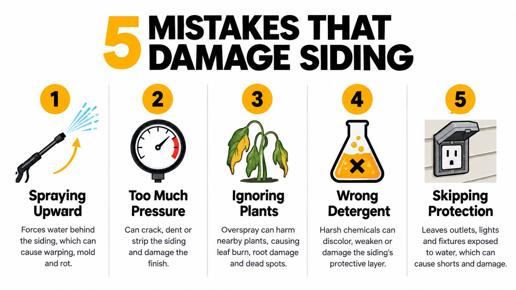 An infographic illustrating five common mistakes to avoid when pressure washing residential siding to prevent damage.