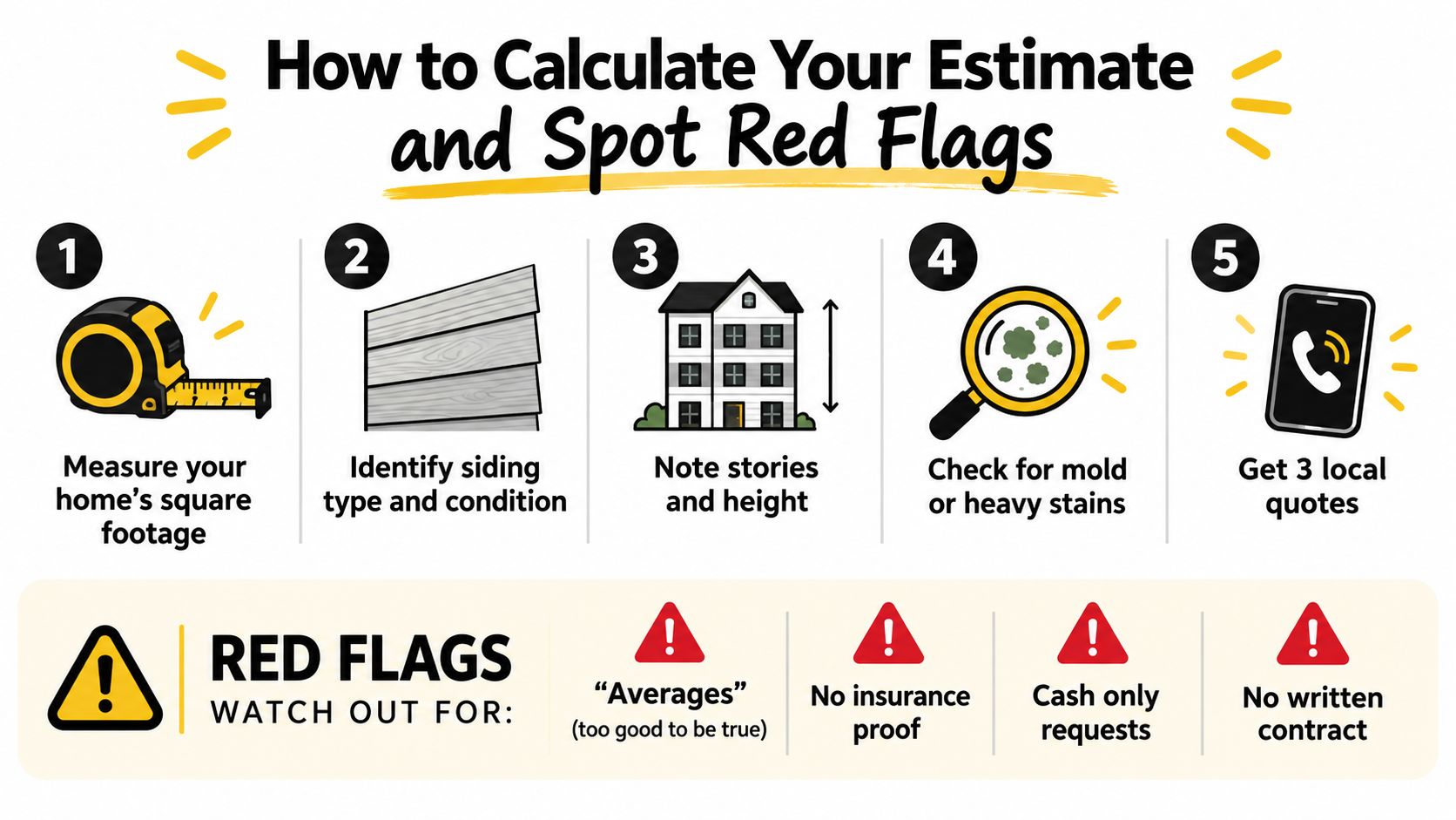 An infographic showing five steps to estimate house cleaning costs and red flags to watch for.