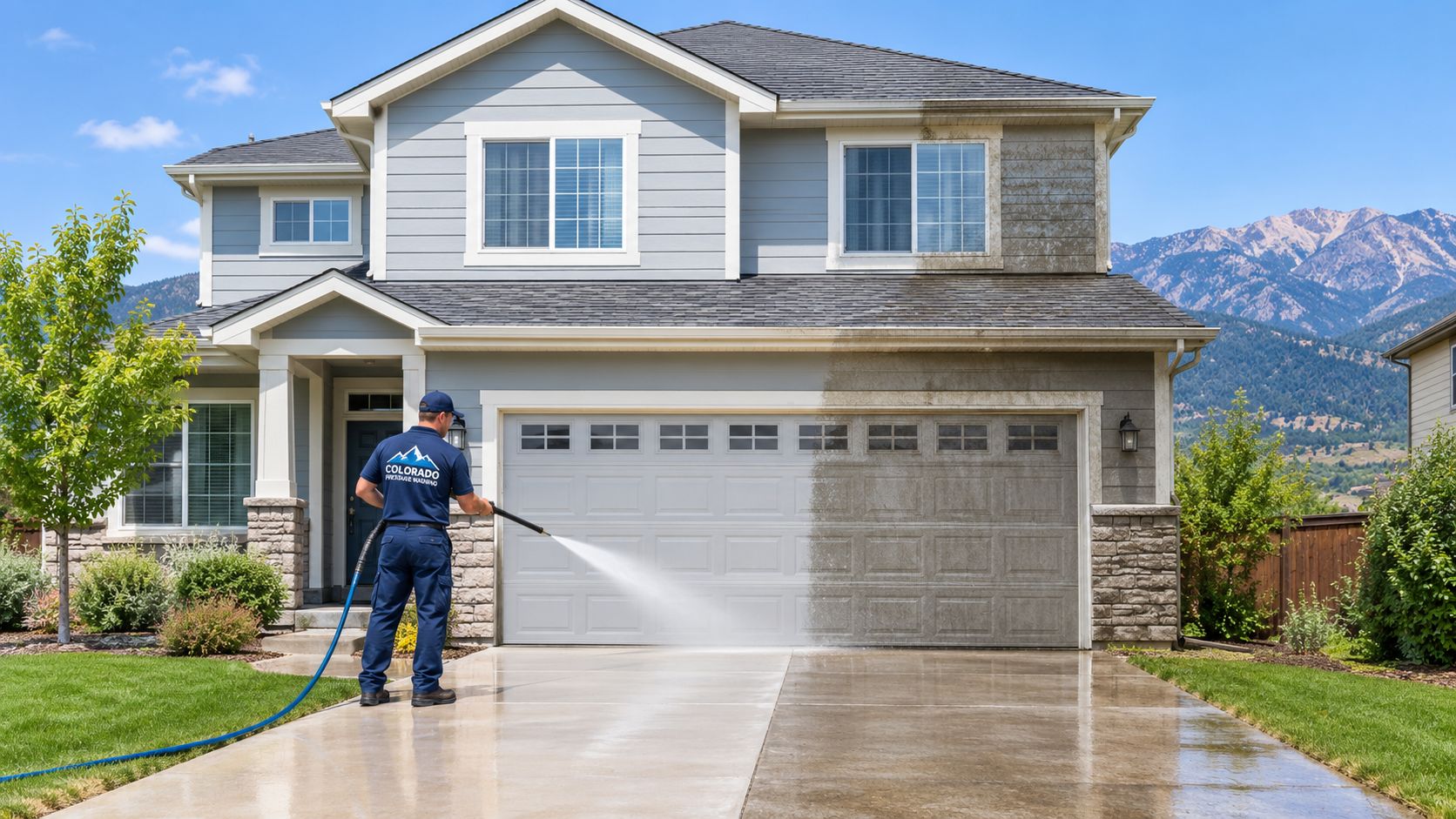 A professional worker using a high-pressure washer to clean a dirty driveway and house exterior wall.
