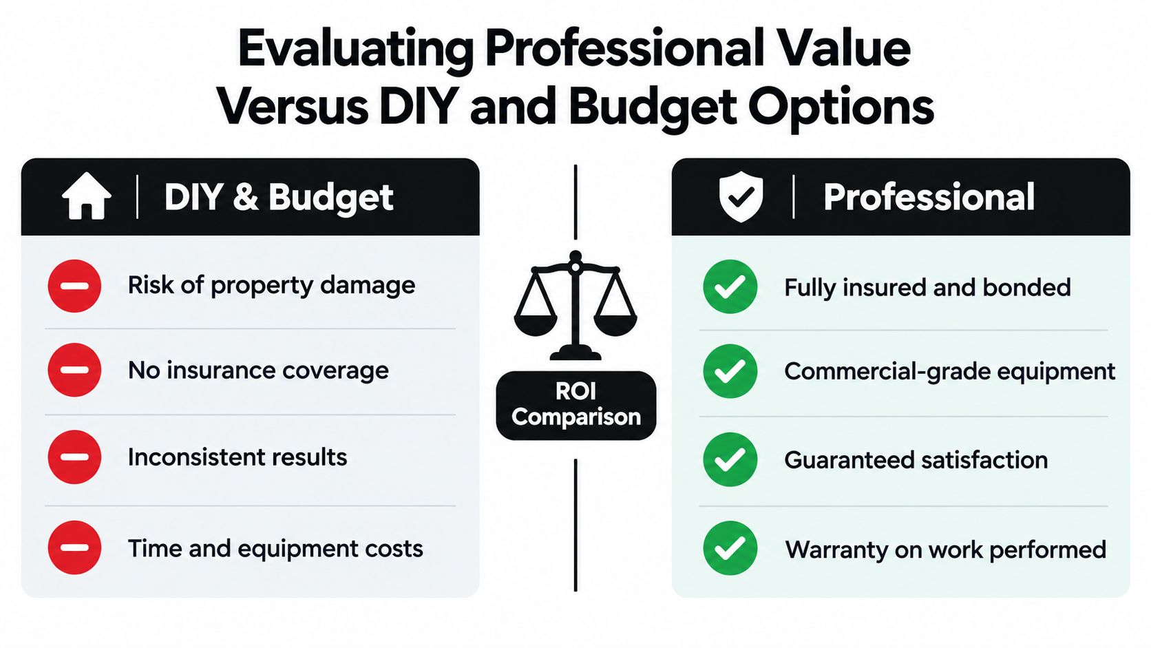 A comparison chart showing the benefits of professional cleaning services versus DIY and budget options.