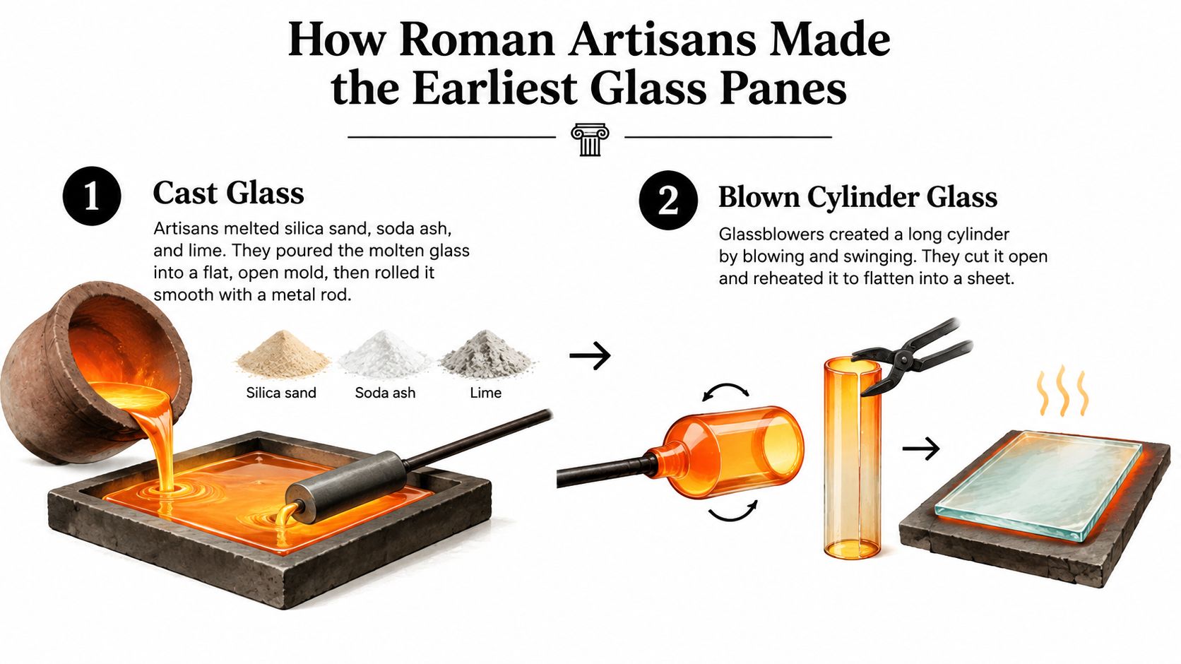 Infographic illustration showing the ancient Roman techniques of cast glass and blown cylinder glass manufacturing processes.