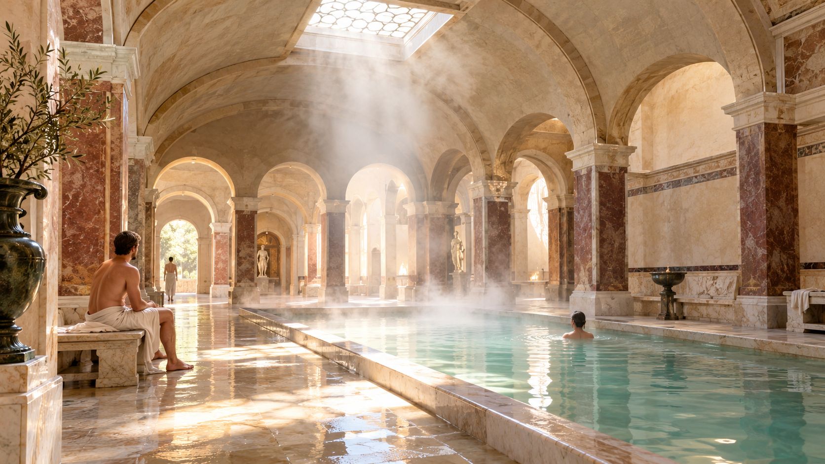 A serene indoor Roman-style thermal pool with marble pillars, sunlight streaming from above, and people relaxing.