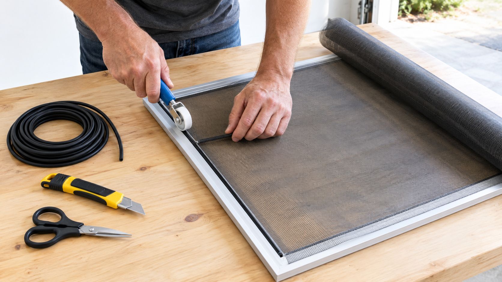A person installing a new screen into a window frame using a spline roller tool on wood.