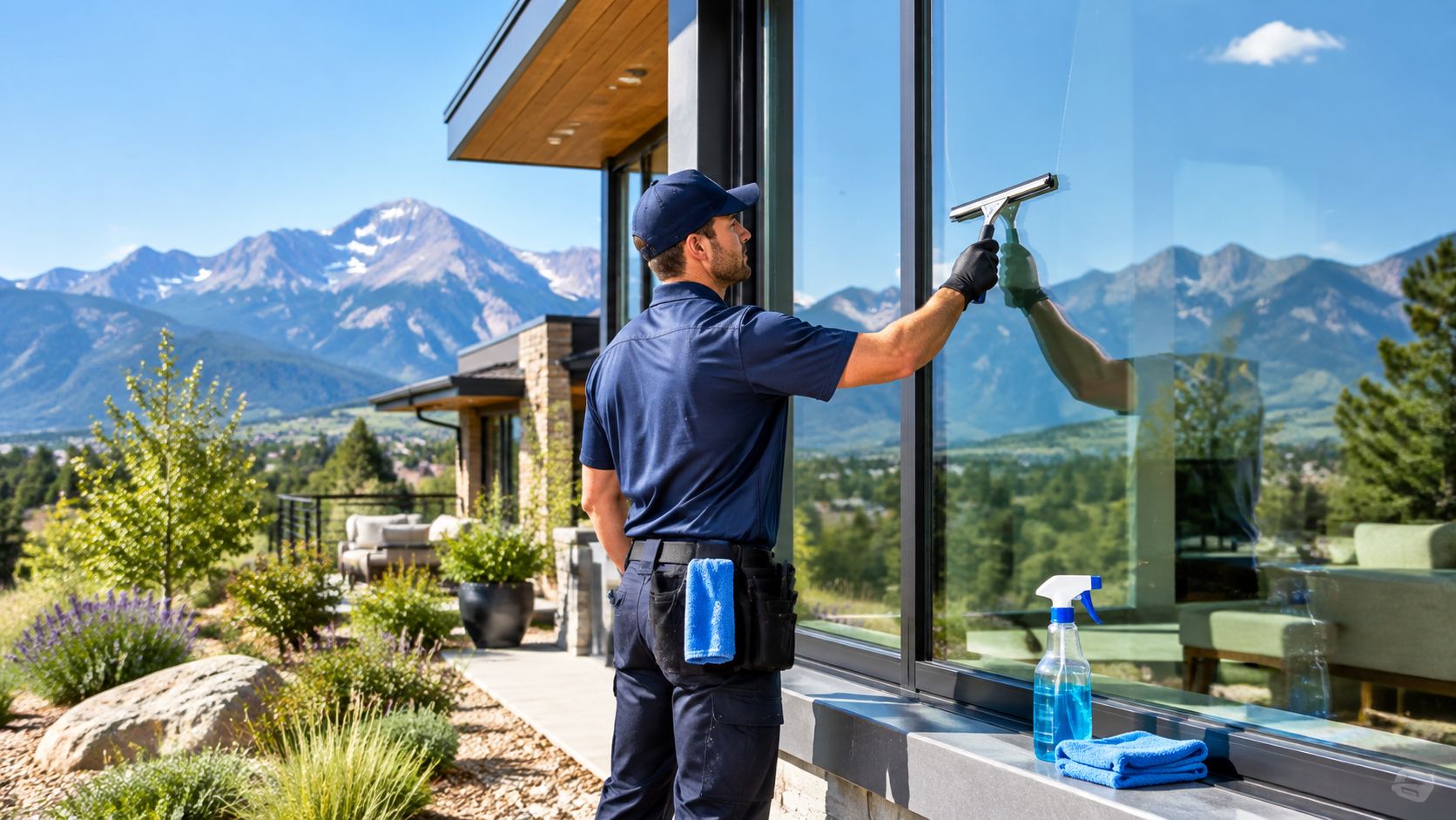 A professional window cleaner using a squeegee to clean a large glass window of a modern house.