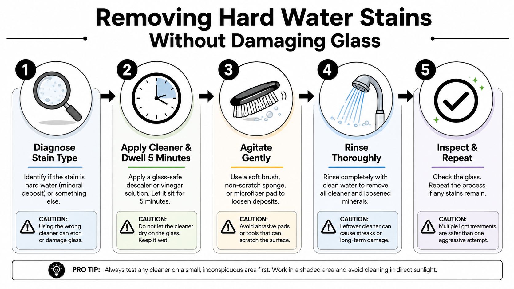 A five-step infographic guide explaining how to remove hard water stains from glass surfaces safely and effectively.