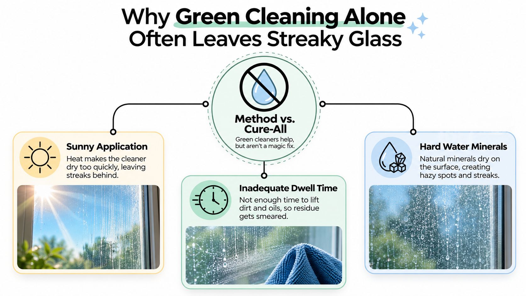 An infographic explaining why green cleaning products often leave streaks on glass surfaces due to various environmental factors.