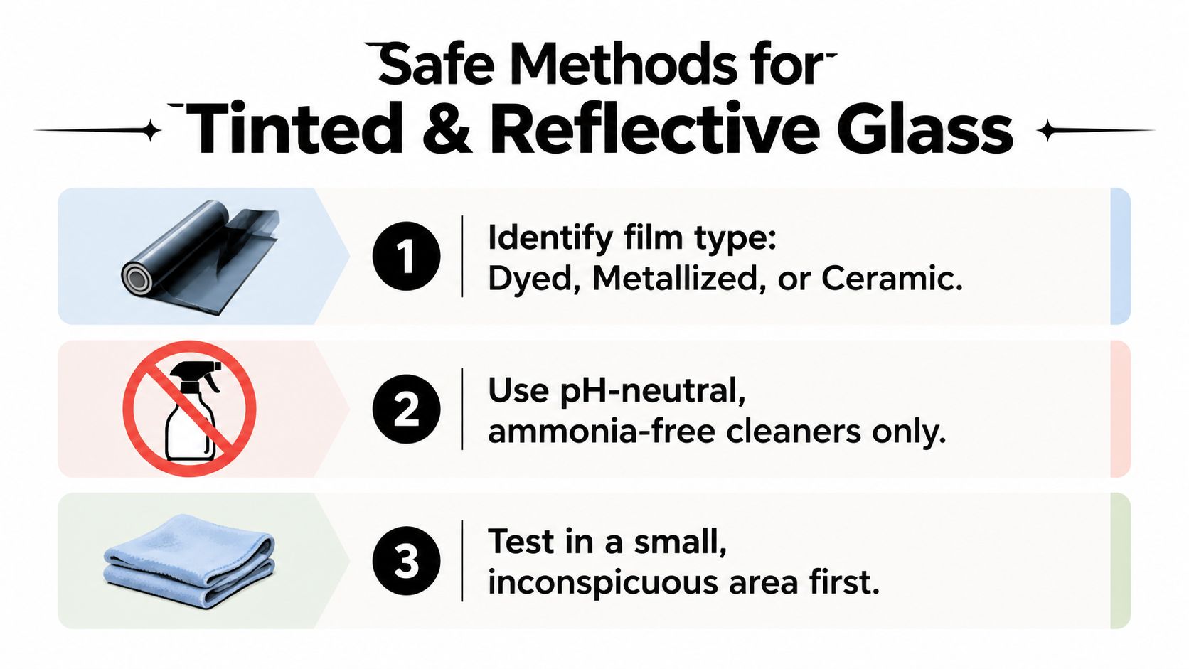 A three-step infographic titled Safe Methods for Tinted and Reflective Glass, outlining proper maintenance procedures.