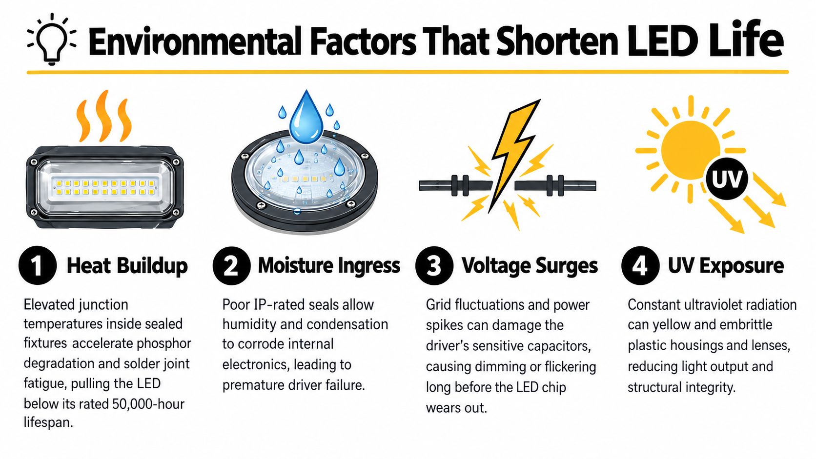 An infographic detailing four environmental factors that reduce the lifespan of LED lights including heat, moisture, voltage, and UV.