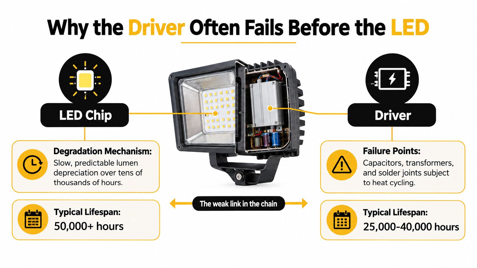 A diagram comparing the lifespans and failure mechanisms of LED chips versus driver components in light fixtures.