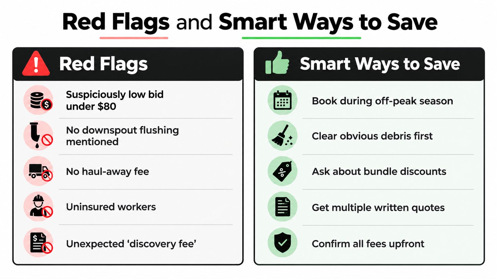 A chart comparing gutter cleaning red flags versus smart, cost-saving strategies for homeowners and service hiring.