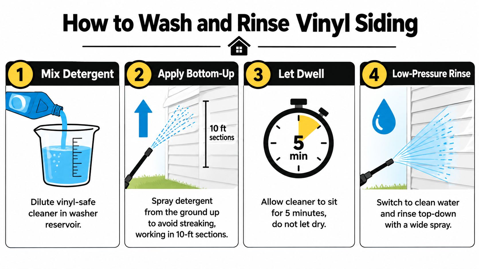 An infographic showing four simple steps to clean and rinse vinyl siding using a pressure washer.