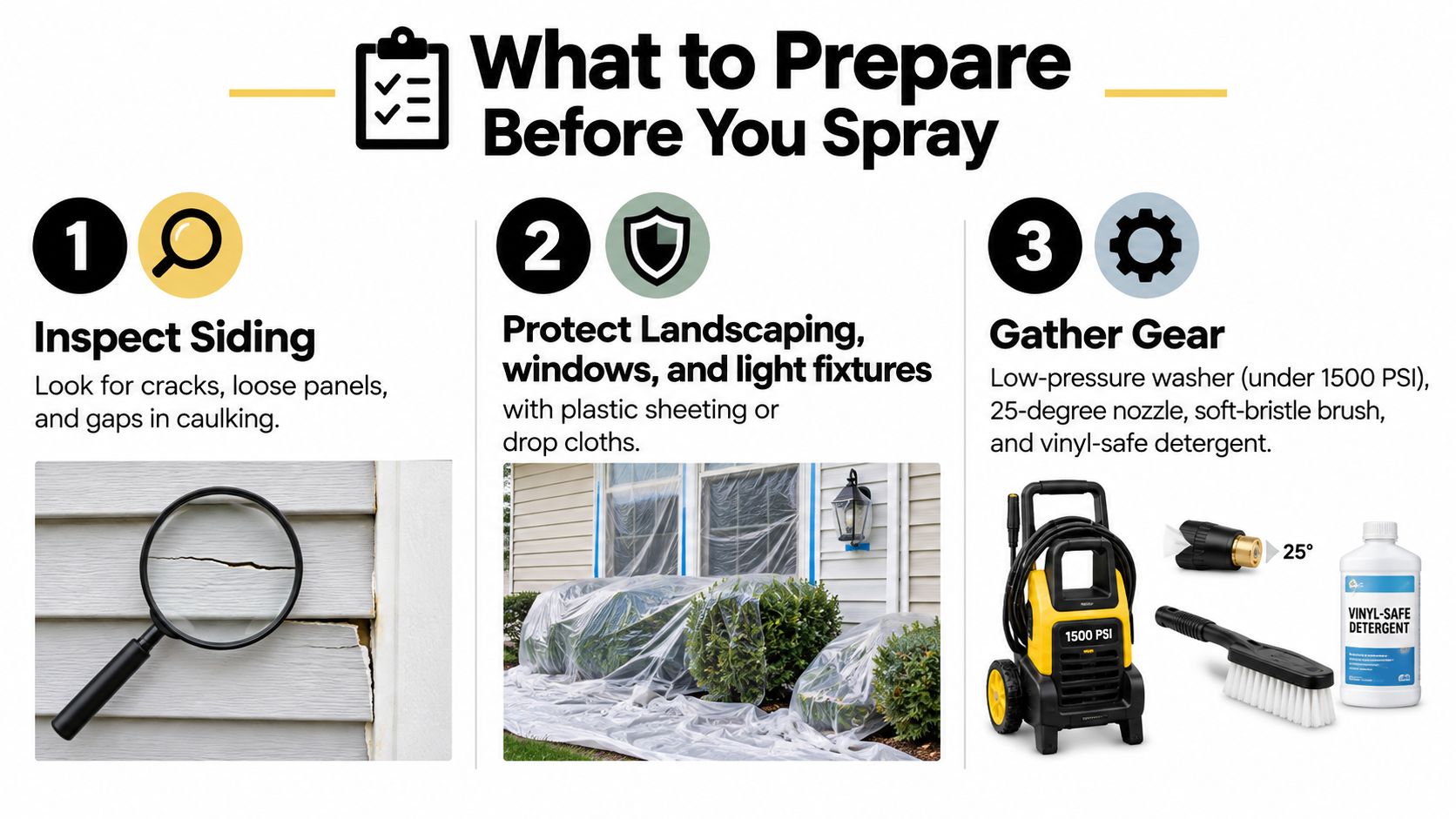 A three-step instructional graphic showing how to prepare vinyl siding before using a pressure washer.
