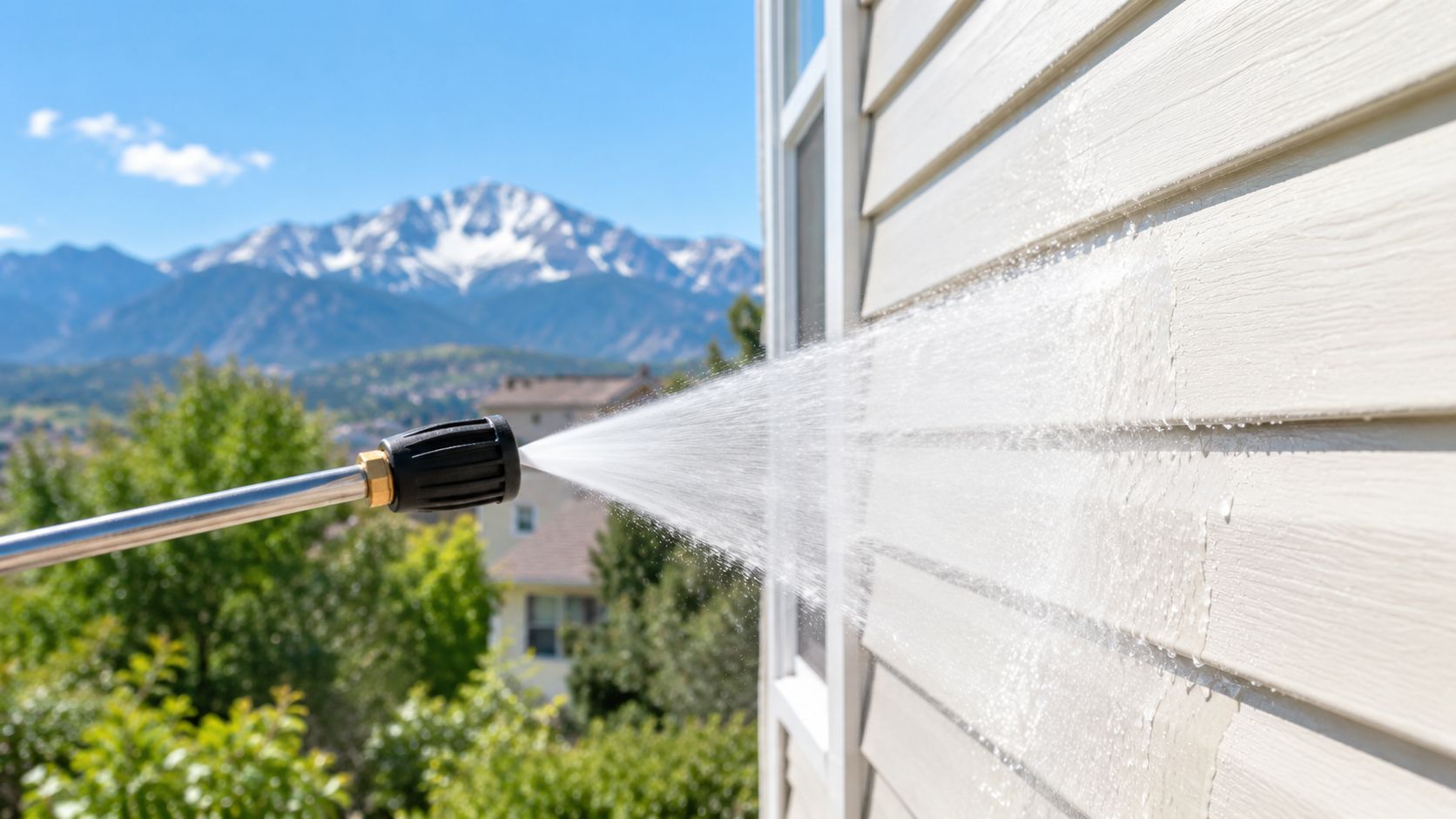 A close-up view of a pressure washer nozzle cleaning light-colored vinyl siding on a residential home exterior.