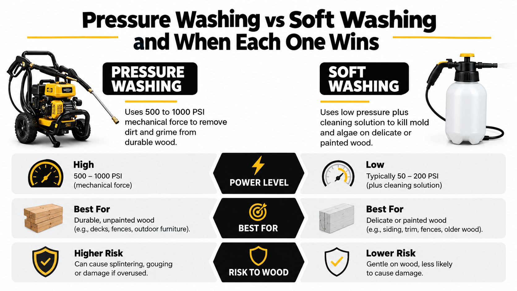 An infographic comparing pressure washing and soft washing techniques for cleaning different types of wood surfaces.