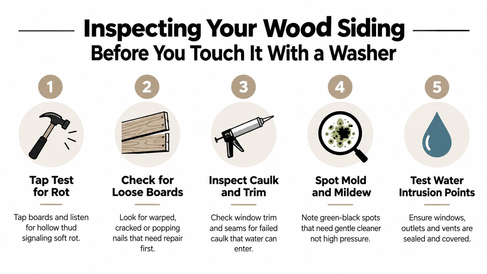 An infographic showing five essential steps to inspect wood siding before using a pressure washer.