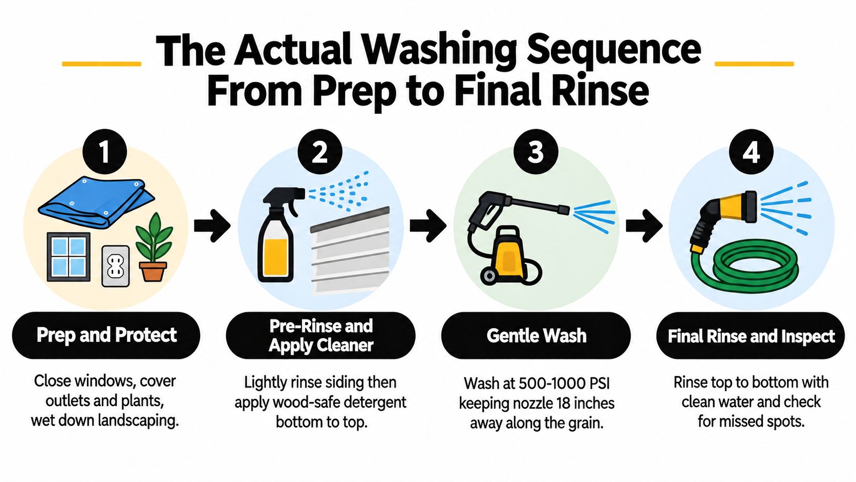 A four-step infographic illustrating the professional sequence for pressure washing home wood siding from preparation to final rinse.